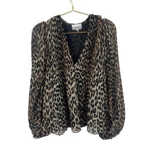 GANNI Leopard Print Oversized Bubble Sleep Blouse Size 36 /Small  100% Polyester